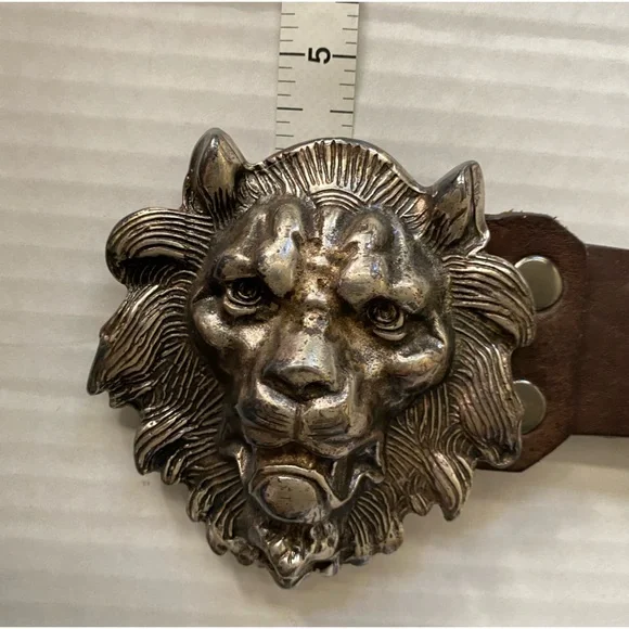 VINTAGE Silver Metal Lion's Head Belt Buckle with Belt Size 34 - Picture 13 of 16